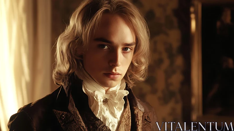 Gilded young aristocrat bathed in brooding candlelit poise.