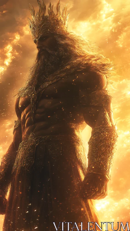 Armored bearded figure in golden firelit environment.