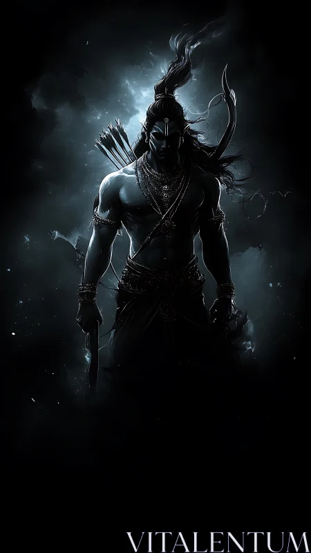 Midnight warrior rising from swirling celestial shadows.