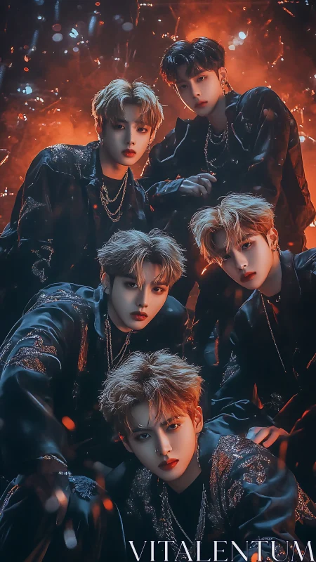 Fiery stage-ready boy group glowing in dramatic orange light.