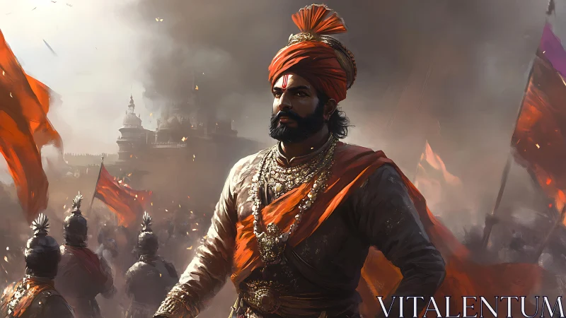 Maratha leader in ornate armor before smoky fortress.