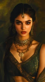 Regal woman in golden jewelry radiates timeless elegance