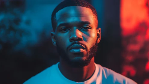 Moody portrait under neon blue and orange bokeh light.