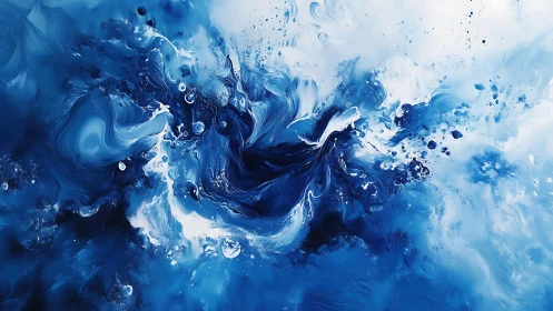 Abstract swirling blue and white fluid art painting, modern style.