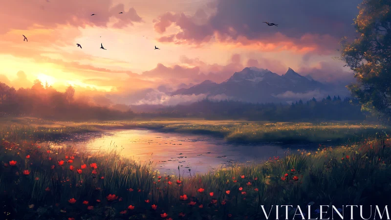 Sunlit alpine marshland with glowing wildflower foreground.