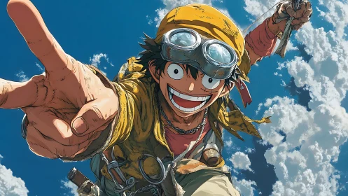 Sky-slicing grin lunges toward us through painted clouds