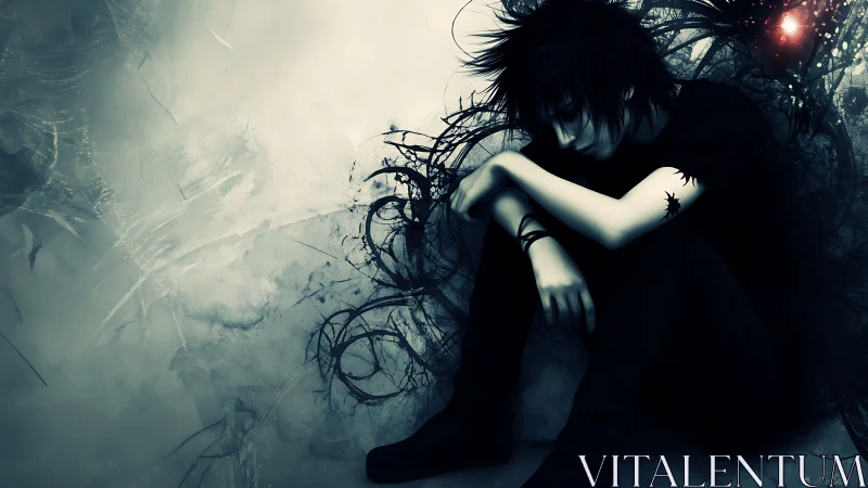 Solitary dark-haired figure wrapped in swirling shadows