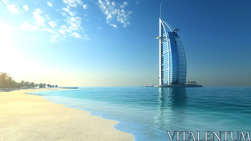 Futuristic sail-shaped hotel rising from calm turquoise gulf.