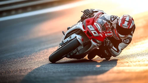 Motorcycle rider leaning through high-speed track corner.