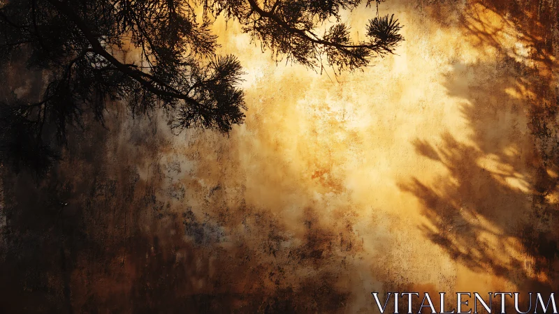 Sunlit tree branch casting shadows on rustic textured wall.