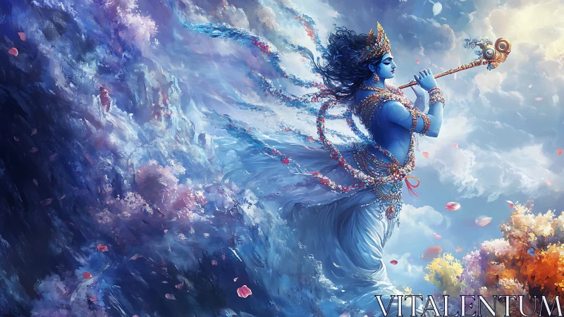 Celestial blue deity plays flute through swirling heavens.