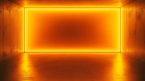 Glowing orange neon frame illuminates empty reflective room