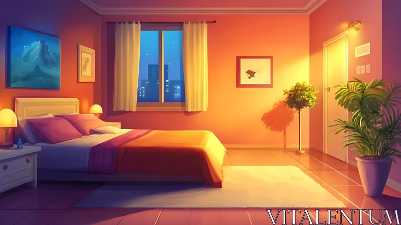 Cozy bedroom interior glows under warm evening lighting