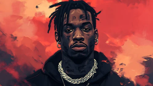 Digital portrait of male figure against abstract red field