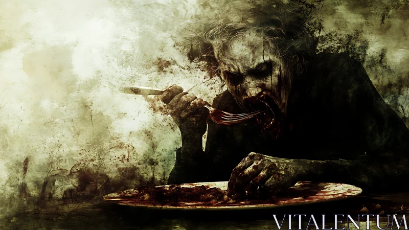 Ravenous ghoul devours a bloodstained feast in murky gloom.