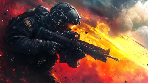 Tactical operator advances through explosive firestorm with rifle