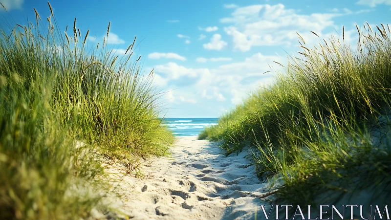 Coastal sand path framed by dune grass under blue sky.