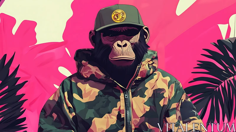 Stylized chimpanzee portrait in camo jacket against neon foliage