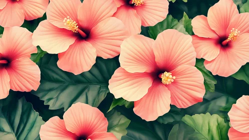 Coral Hibiscus Blooms Cascade in Lush Garden Symphony