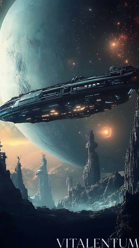 Massive starship glides above alien spire city and gas giant