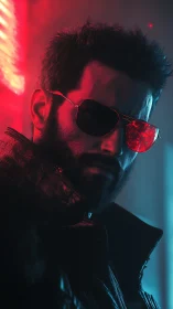 Moody cyberpunk stranger stands in bold neon red and blue light