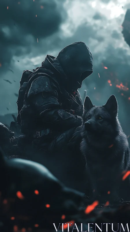 Hooded soldier and alert wolf framed by embers in desaturated storm