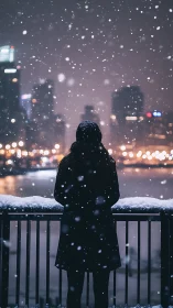 Solitary figure observing snowy urban skyline at night.