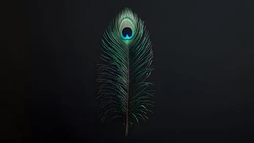 Elegant peacock feather on black background, minimalistic style.
