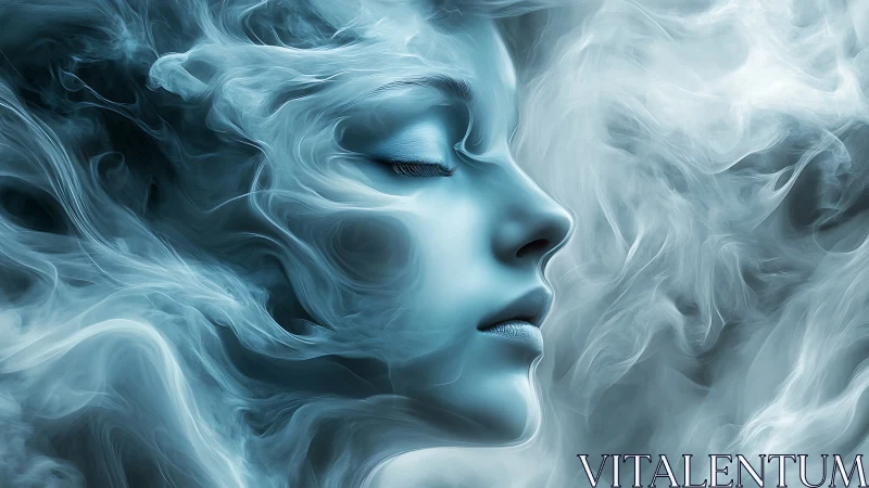 Ethereal female profile dissolves into swirling cyan vapors