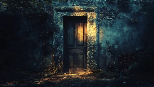 Weathered wooden door in mossy stone wall at dusk light.