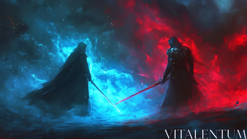 Hooded sword duel amid blue and red elemental smoke.