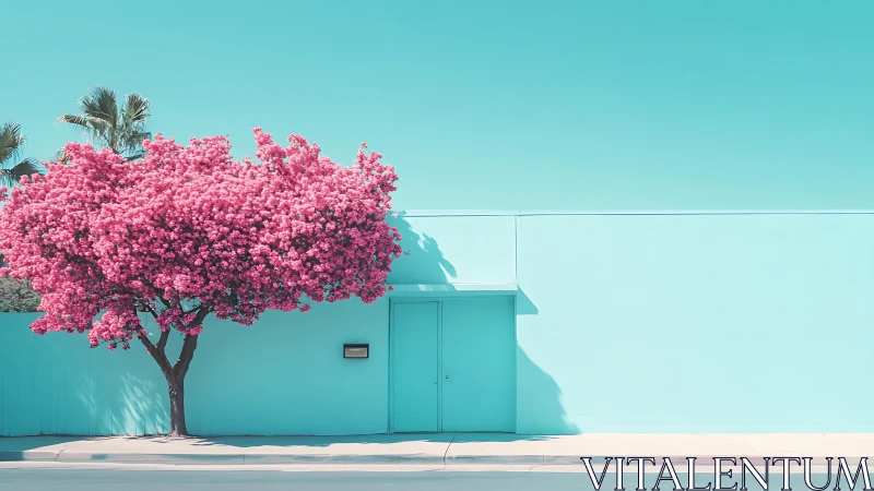 Vibrant pink blossom tree against minimalist cyan facade.