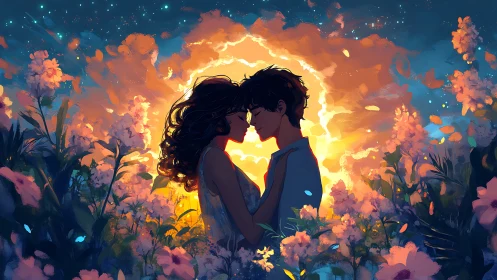 Luminescent Reunion: Digital Silhouettes Against Incandescent Blooms.