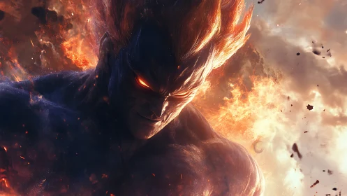 Fiery humanoid figure with glowing eyes in explosive flames.