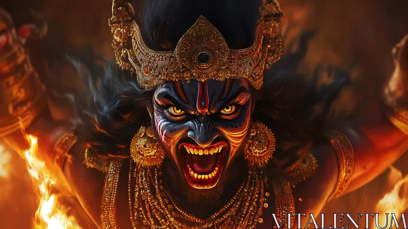 Infernal war deity unleashes a blazing, gold crowned roar.