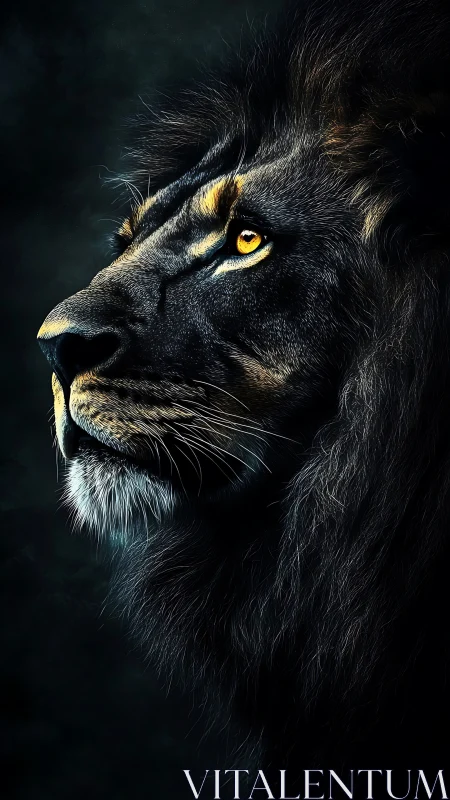 Midnight monarch lion with ember-bright regal gaze.
