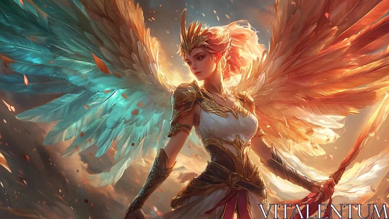 Bicolor winged warrior angel in gilded armor amid blazing sky