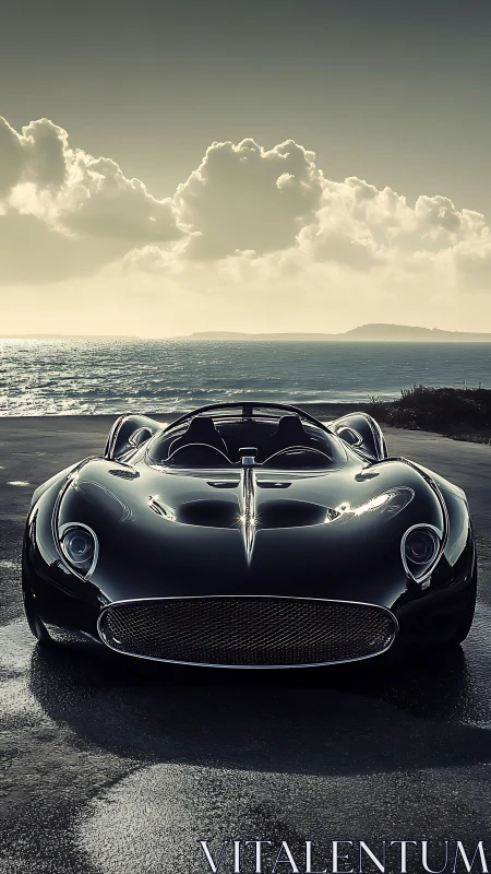 Sleek black roadster quietly waits beside the shining sea