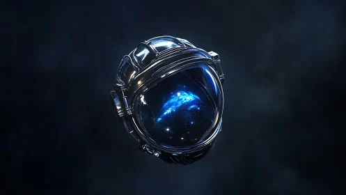 Chromed EVA helmet with reflected nebula cluster in deep void