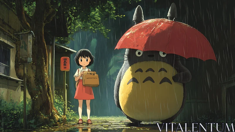 Girl and large creature share red umbrella at rainy bus stop