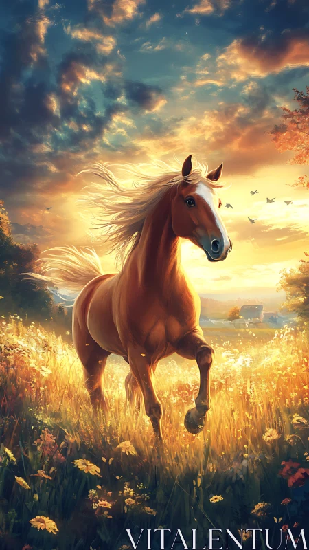 Sunlit stallion gallops through fields of blazing wildflowers