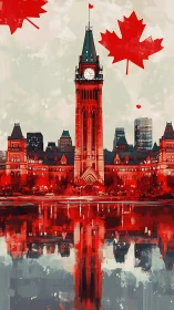 Parliament Hill clock tower glows in bold Canadian reds.