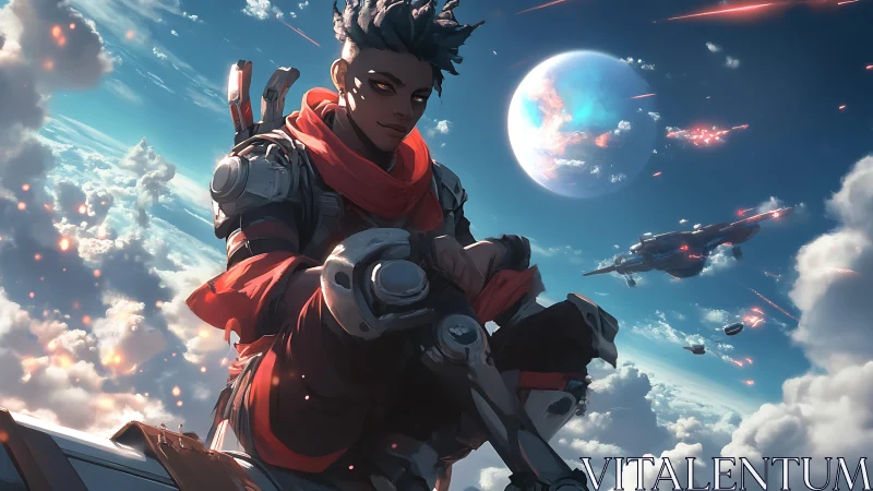 Skybound cyber scout amid starship battle above clouds.