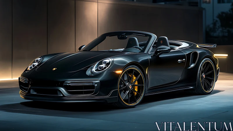 Photorealistic black supercar roadster in cinematic night lighting.