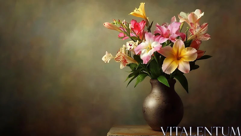 Multicolored Alstroemeria and Daffodil Bouquet in Bronze Ceramic Vessel.
