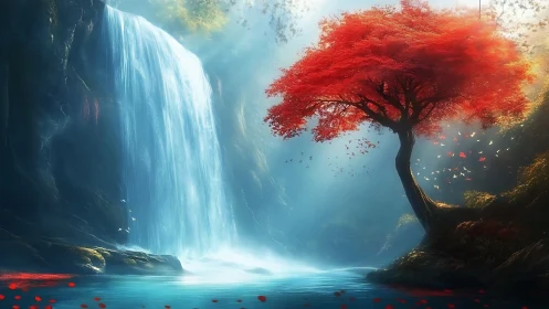 Crimson tree by a misty waterfall in a quiet dreamscape.