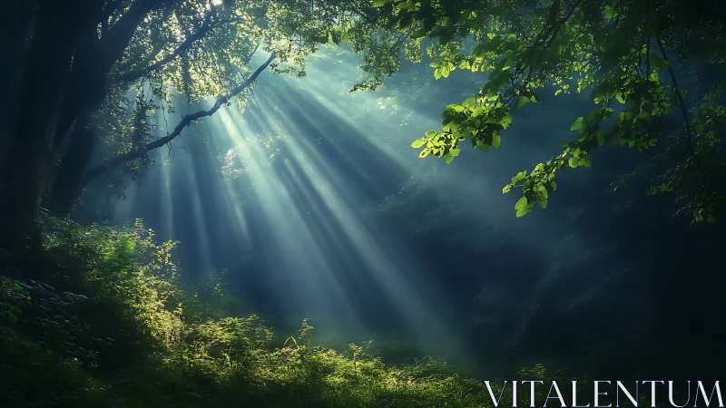 Sunbeams Filtering Through Lush Forest Canopy, Serene Nature Scene.