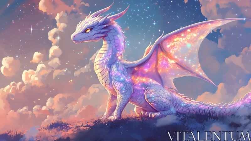 Starlit dragon resting softly beneath a glowing pastel sky.