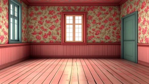 Empty floral wallpaper room with wooden floorboards.