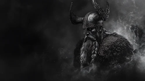Armored Viking warrior in dark smoke filled scene.